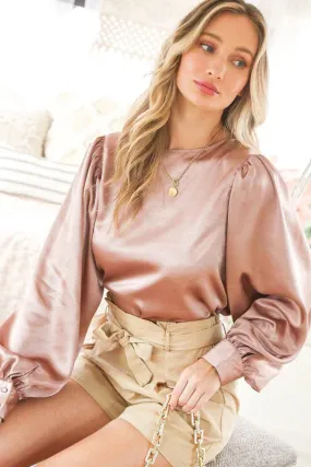 Blush Boat Neck Balloon Sleeves Satin Blouse