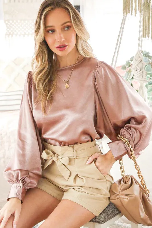 Blush Boat Neck Balloon Sleeves Satin Blouse