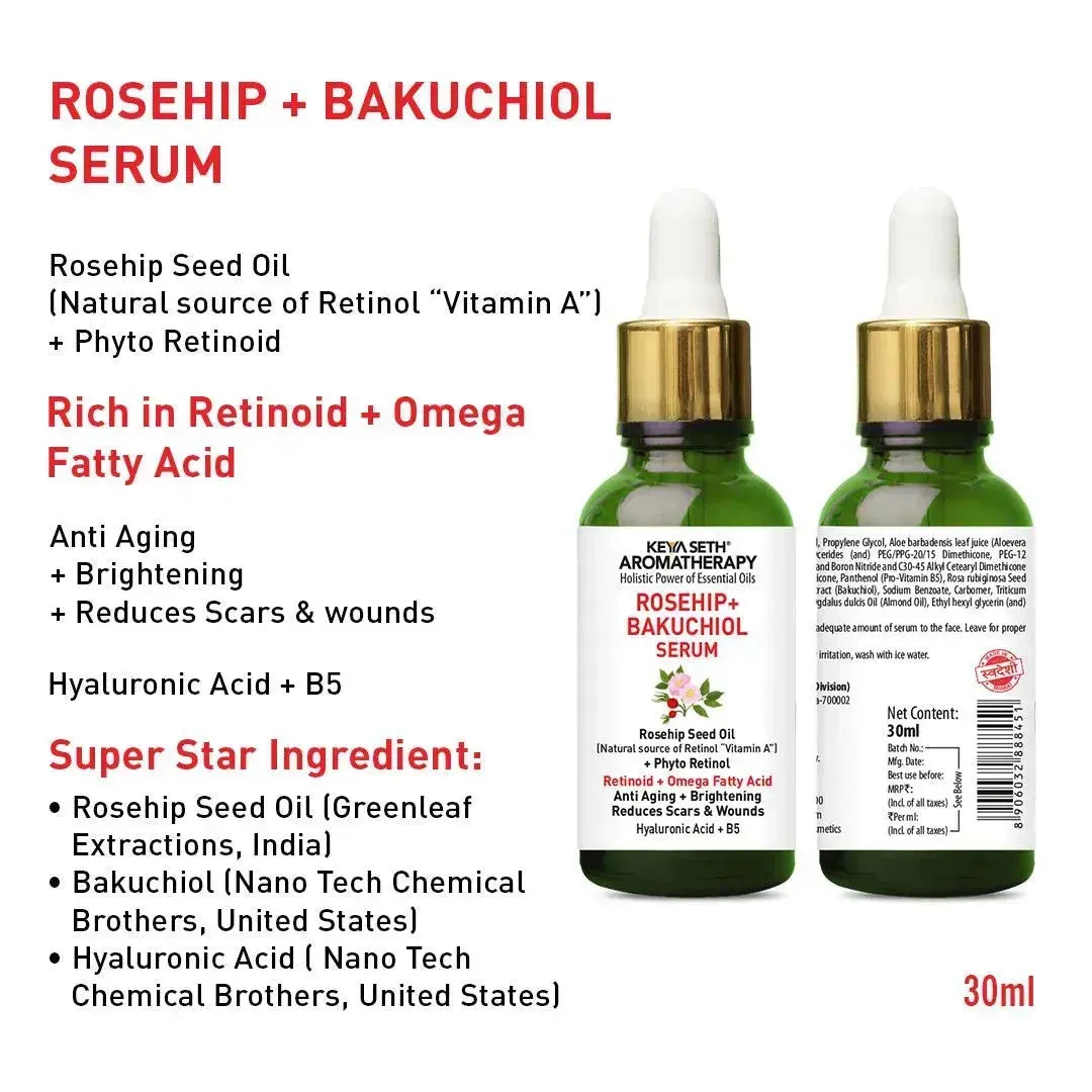 Rosehip   Bakuchiol Serum, Phyto Retinol   Omega Fatty Acids   Vitamin A, Anti-Ageing Wrinkles Fine Lines Brightening Scars, Hyaluronic Acid   B5