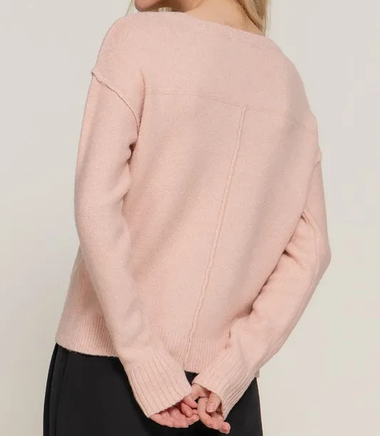 Stormy Afternoon Seam Detailing V-Neck Sweater in Pink